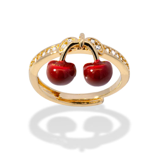 Anillo ajustable  cerezas esmaltadas colgantes y circonias 10mm