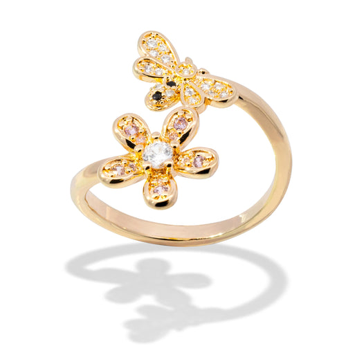 Anillo ajustable abeja y flor circonias 18mm