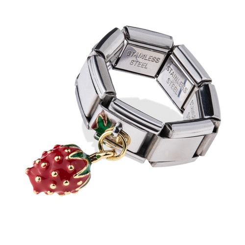 Anillo ajustable eslabon italiano dije de fresa esmaltada 9mm