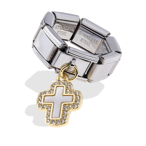 Anillo ajustable eslabon italiano con Cruz y madre perla circonias 9mm