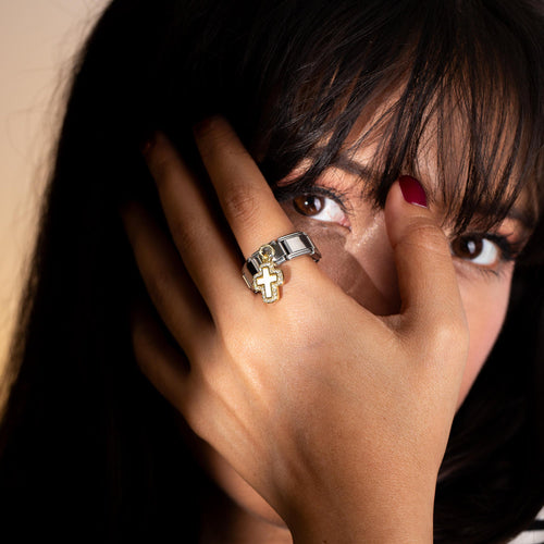 Anillo ajustable eslabon italiano con Cruz y madre perla circonias 9mm