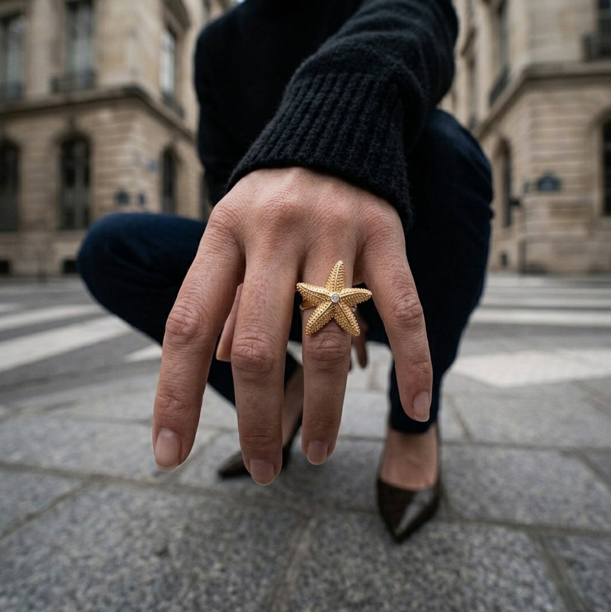 Anillo ajustable estrella de mar con circonia 27mm