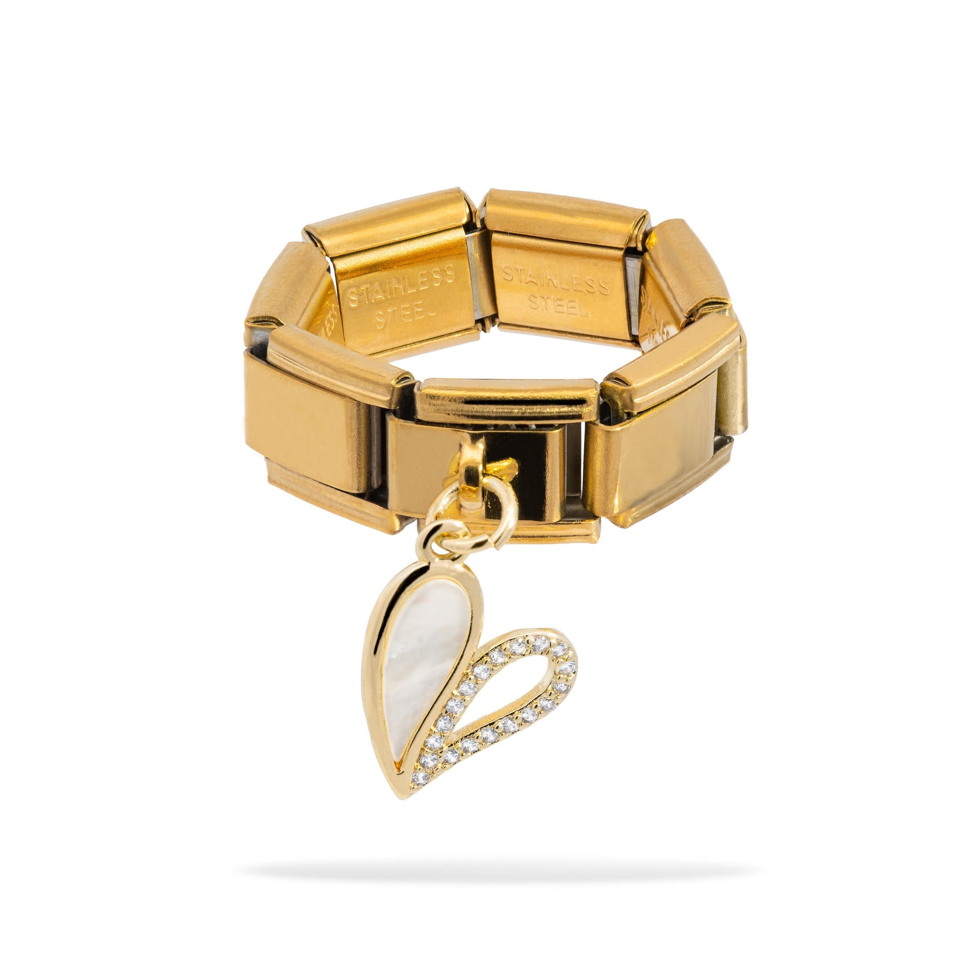 Anillo ajustable eslabon italiano corazon madre perla y circonias 9mm