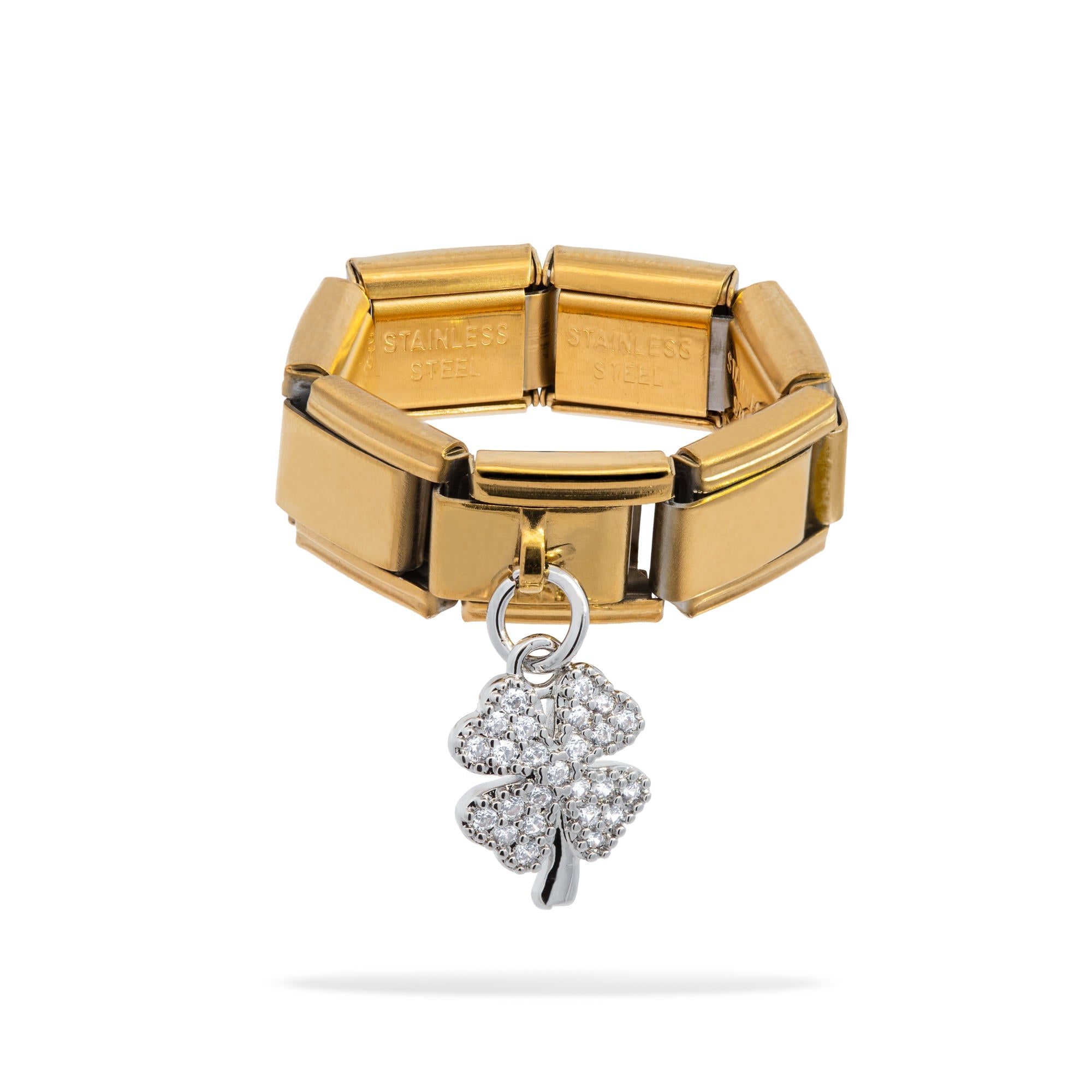 Anillo ajustable eslabon italiano trebol y circonias 9mm