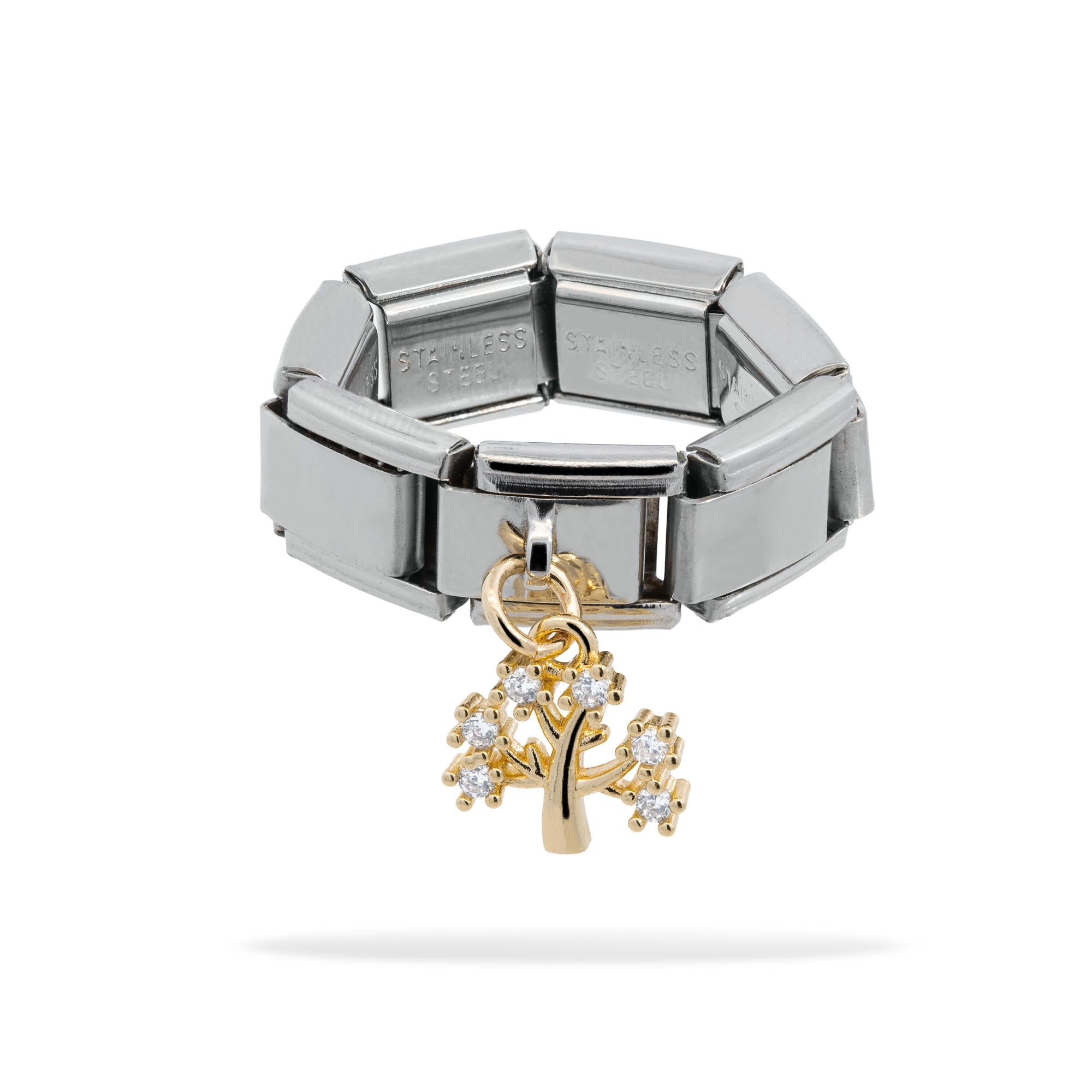 Anillo ajustable eslabon italiano arbol de la vida y circonias 9mm