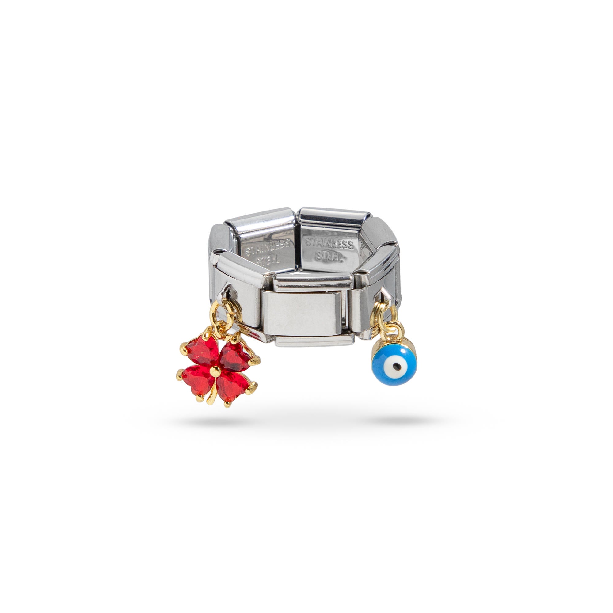 Anillo ajustable eslabon italiano ojo trebol rojo 9mm