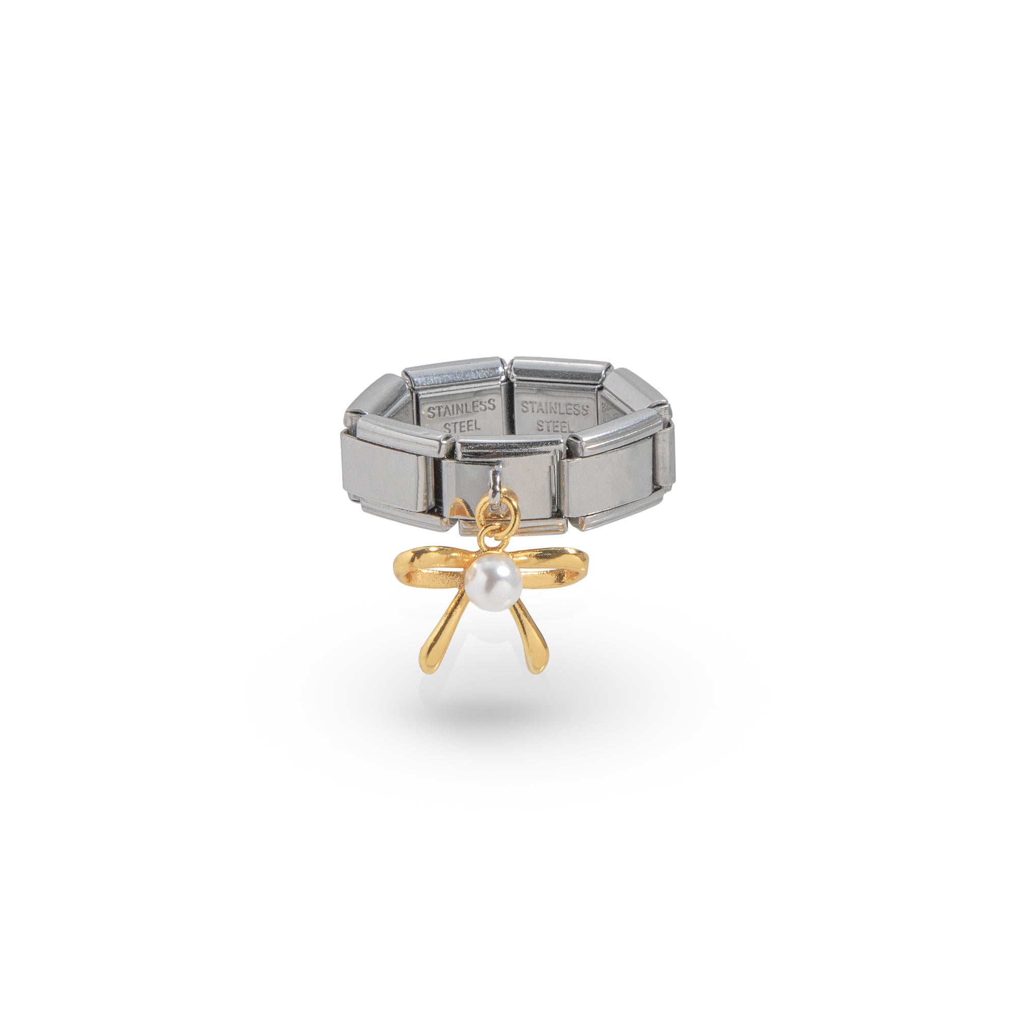Anillo ajustable eslabon italiano moño liso con perla