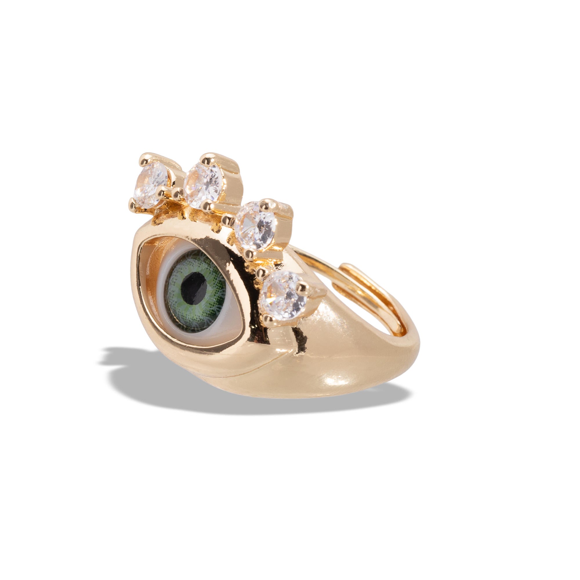 Anillo ajustable ojo realista verde con circonias 18mm