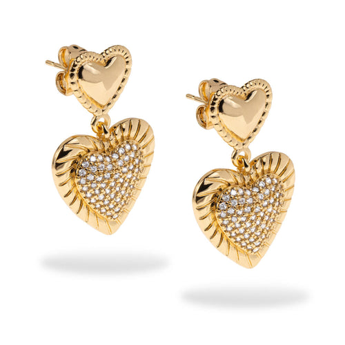 Arete colgante doble corazon acanalado circonias 30mm
