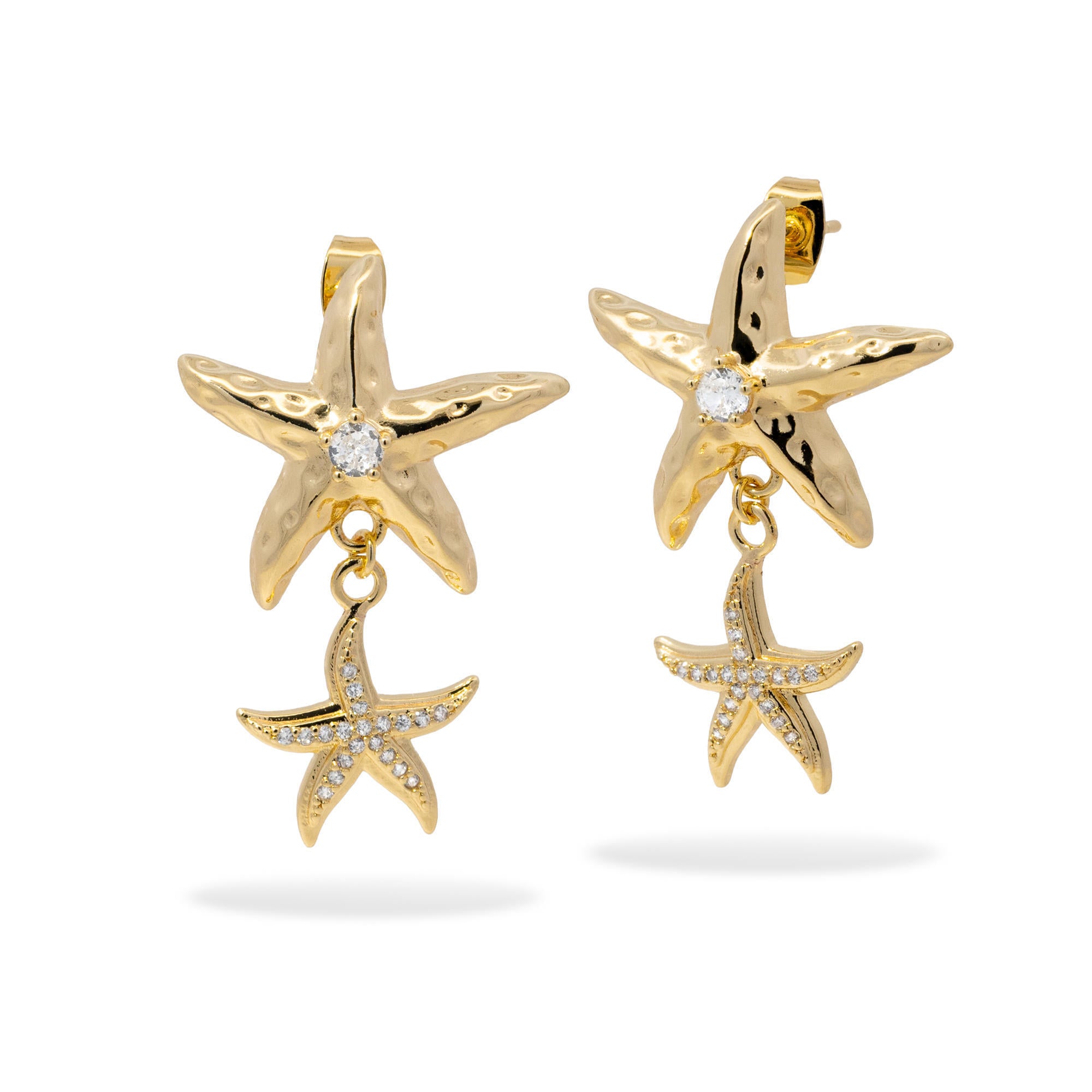 Aretes largos de estrellas de mar martillada y con circonias 40mm