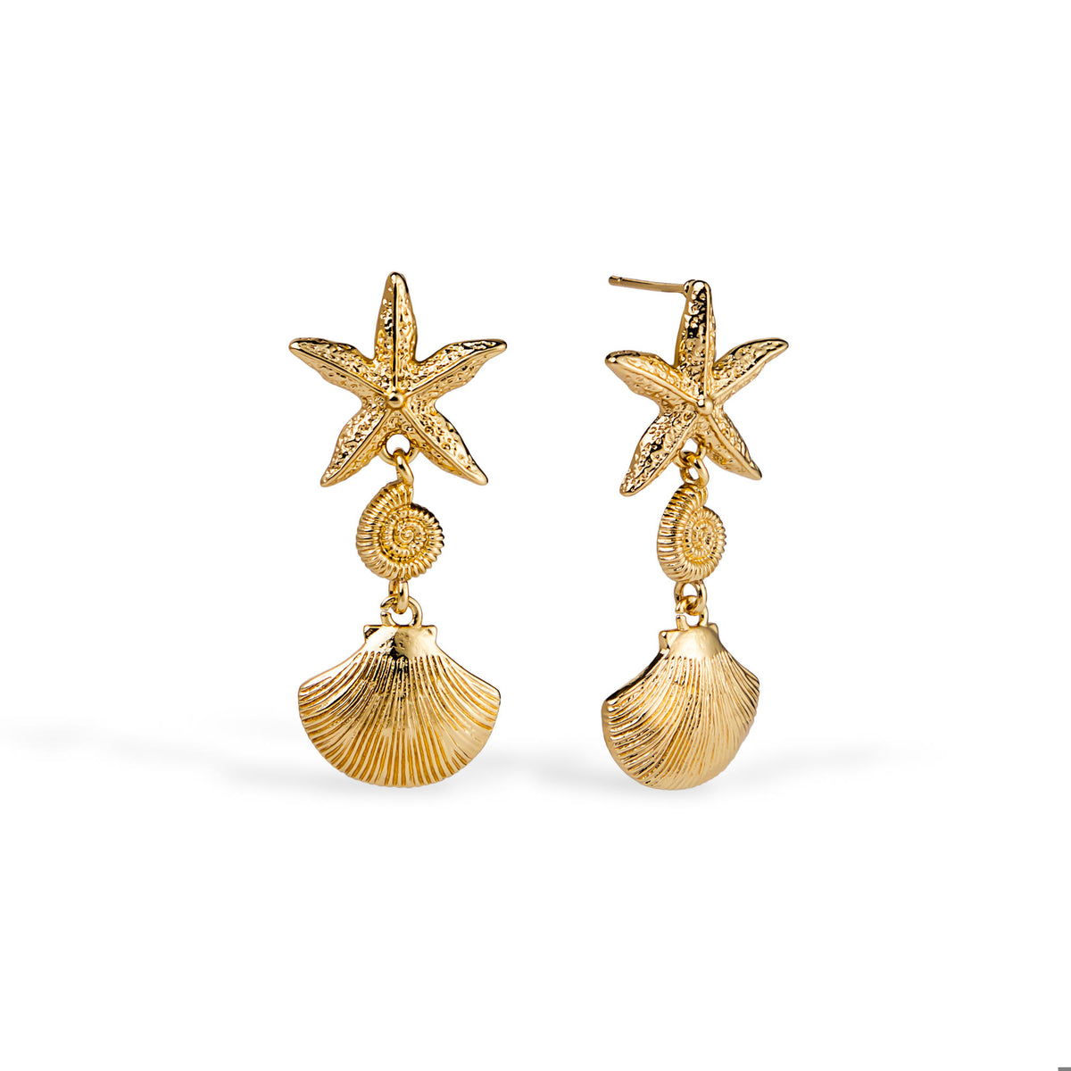Arete de estrella de mar con caracol y concha texturizado 40mm
