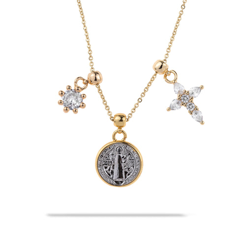 Collar ajustable con Medalla San Benito y Cruz con circonias 45cm