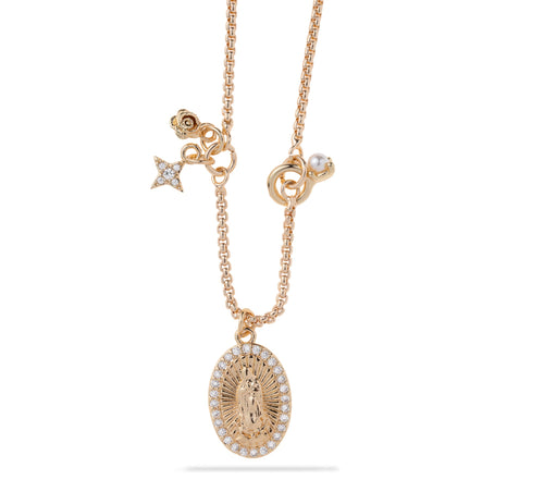 Collar con Medalla Virgen de Guadalupe circonias y perla 50-55cm