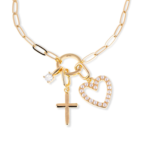 Collar de Cruz y corazon con perlas y circonia 40-45cm