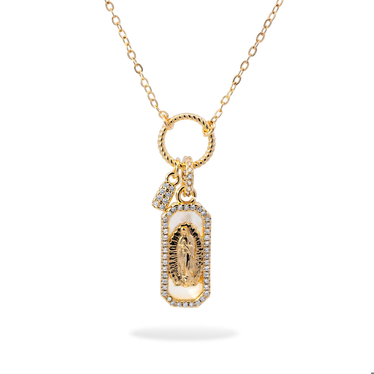 Collar medalla virgen de guadalupe madre perla y circonias 45-50cm