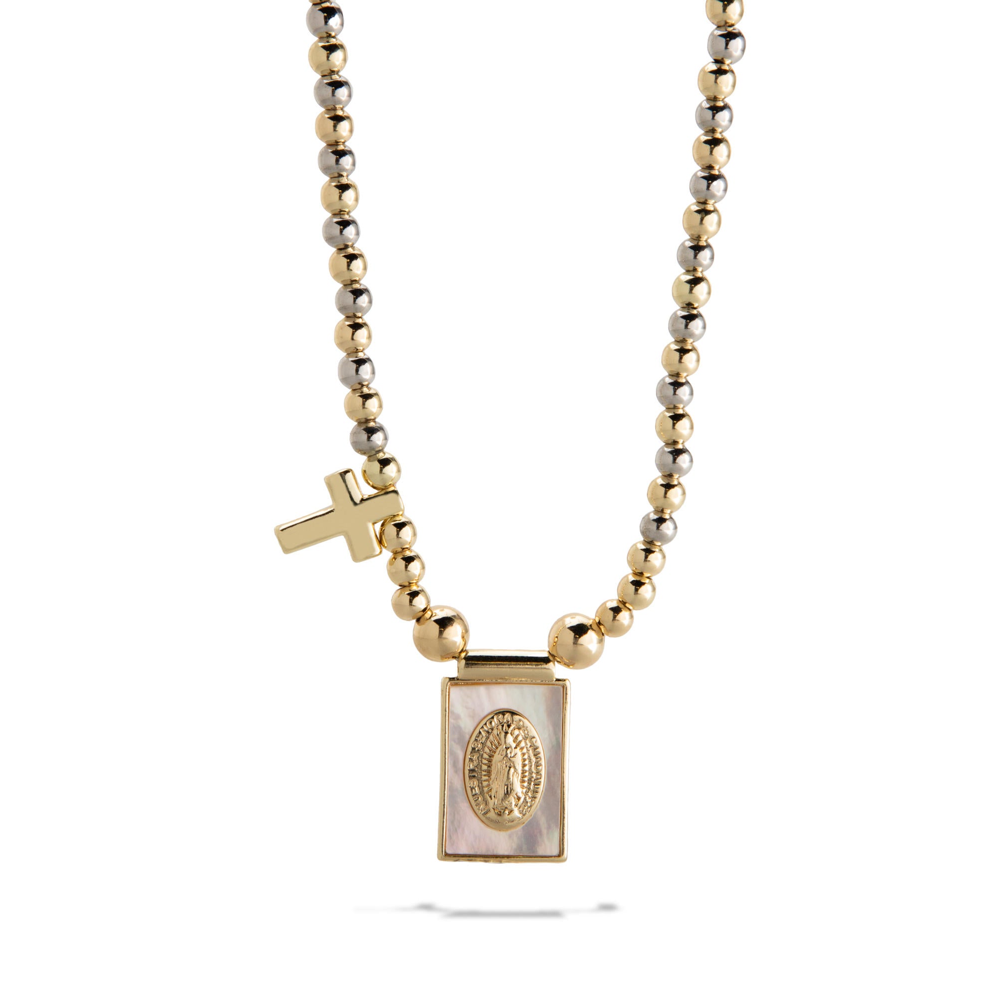 Collar balines lisos dije placa Virgen de Guadalupe madre perla 40-46cm