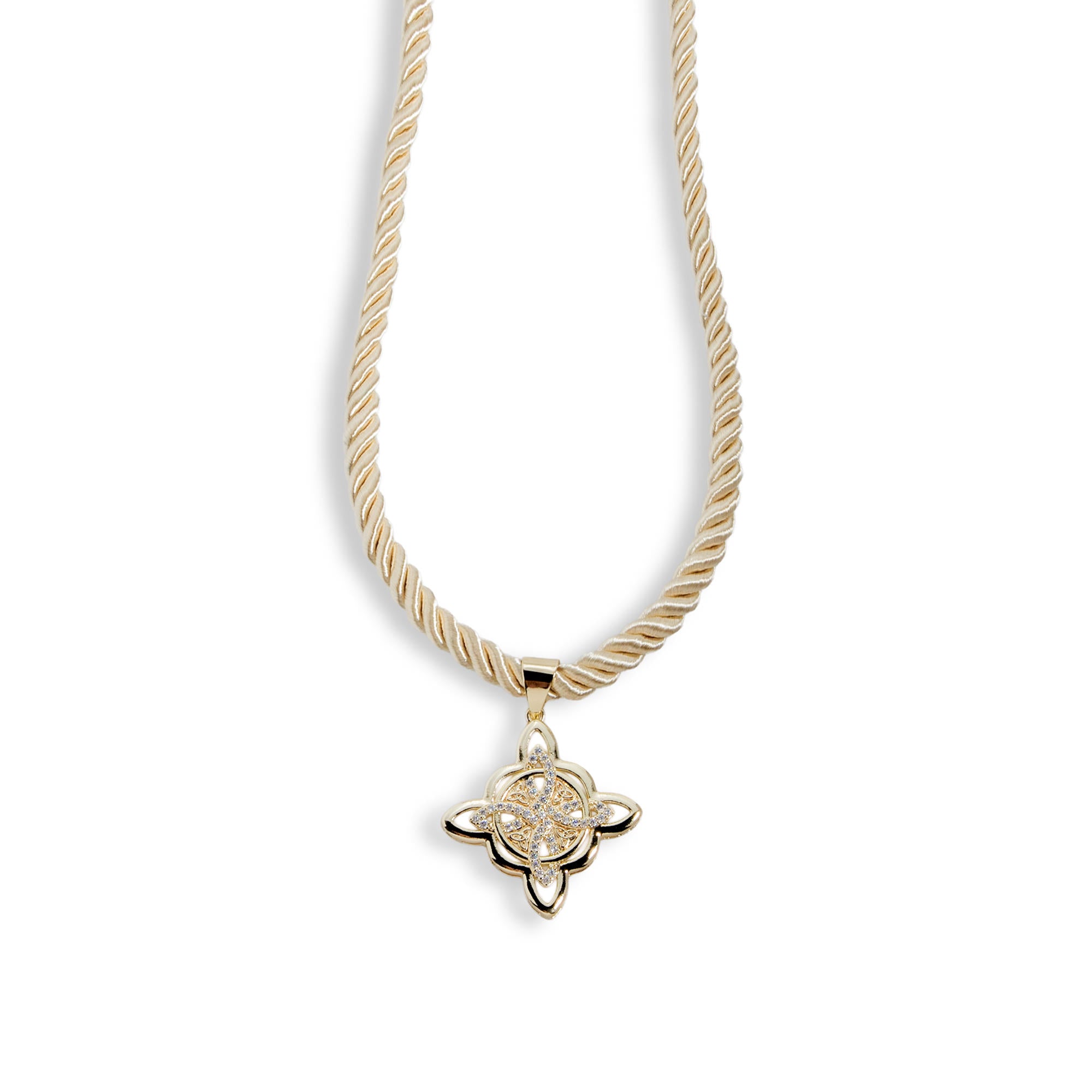 Collar cordon torzal beige con nudo de bruja y circonias en pave 45+5cm
