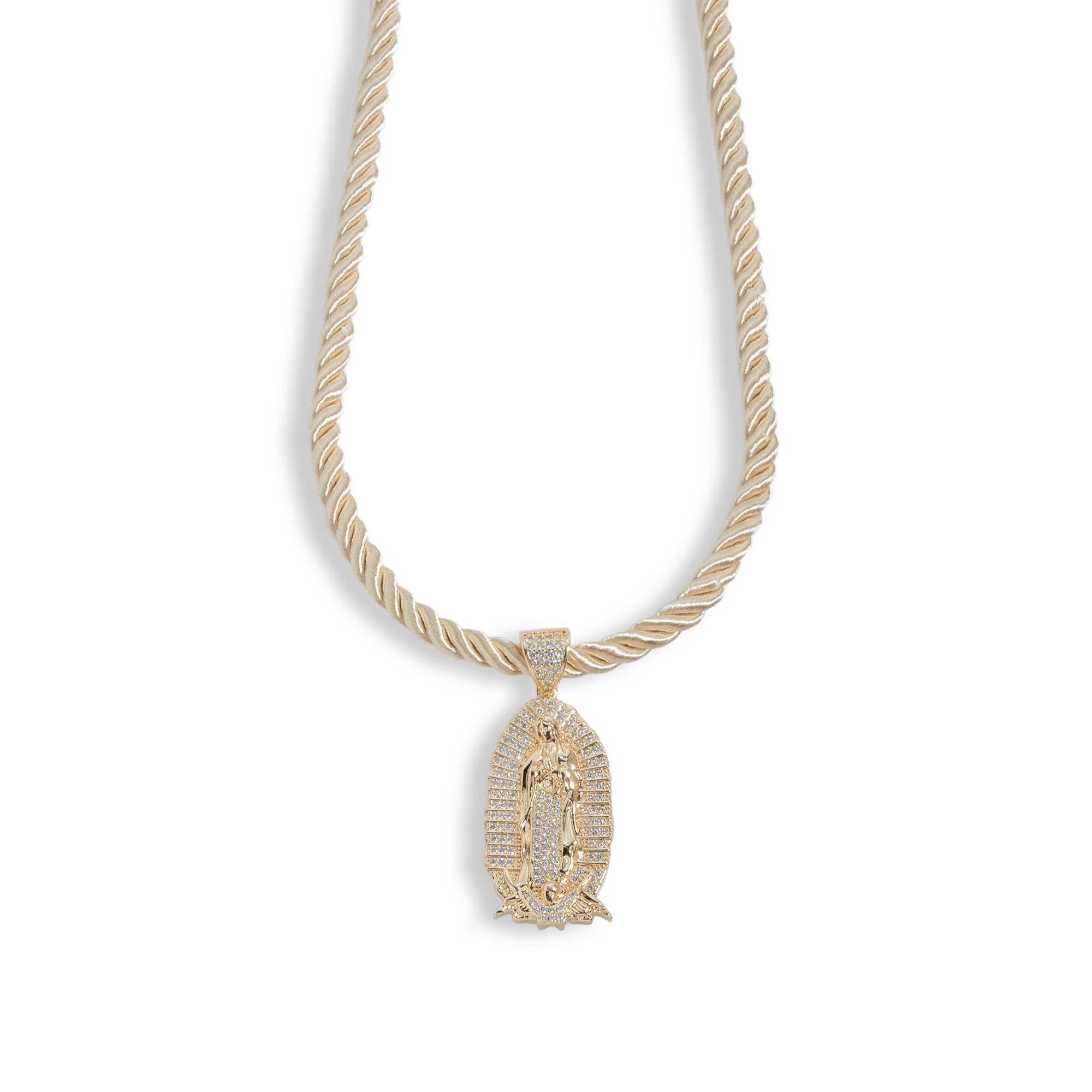 Collar cordon torzal beige con Virgen de Guadalupe de circonias en pave 45+5cm
