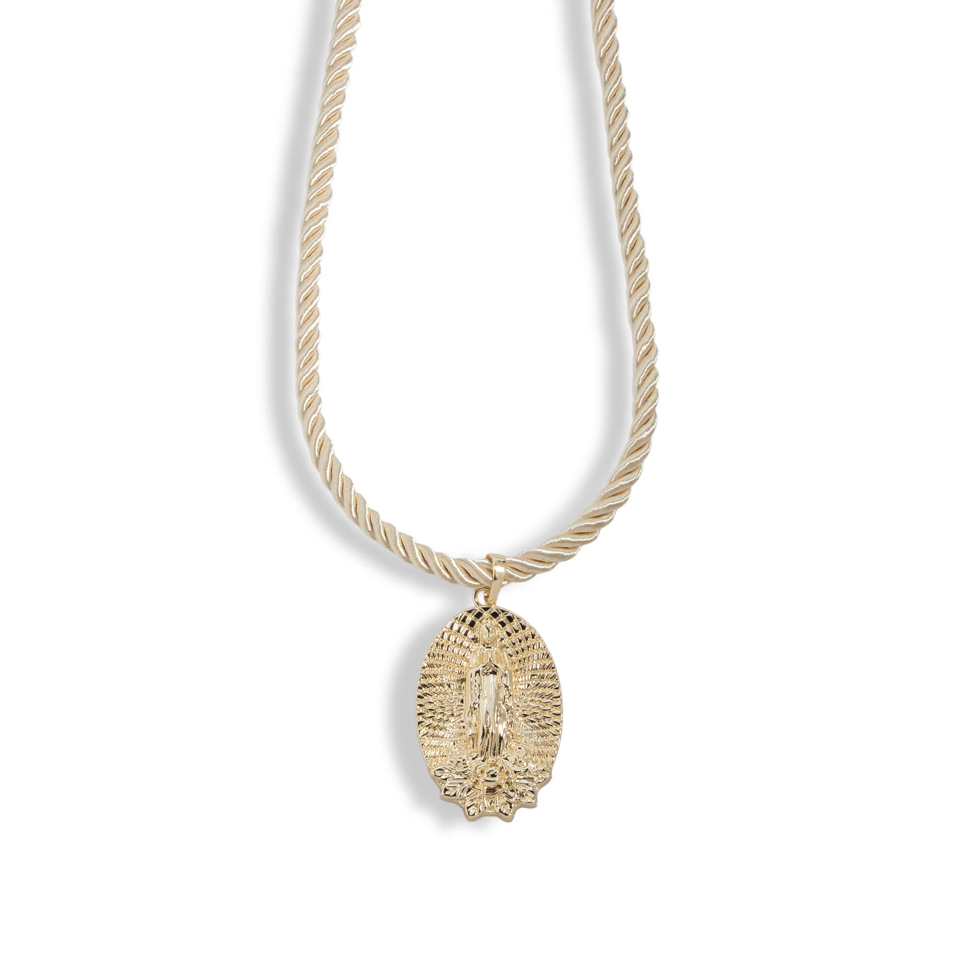 Collar cordon torzal beige con Virgen de Guadalupe ovalada 45+5cm