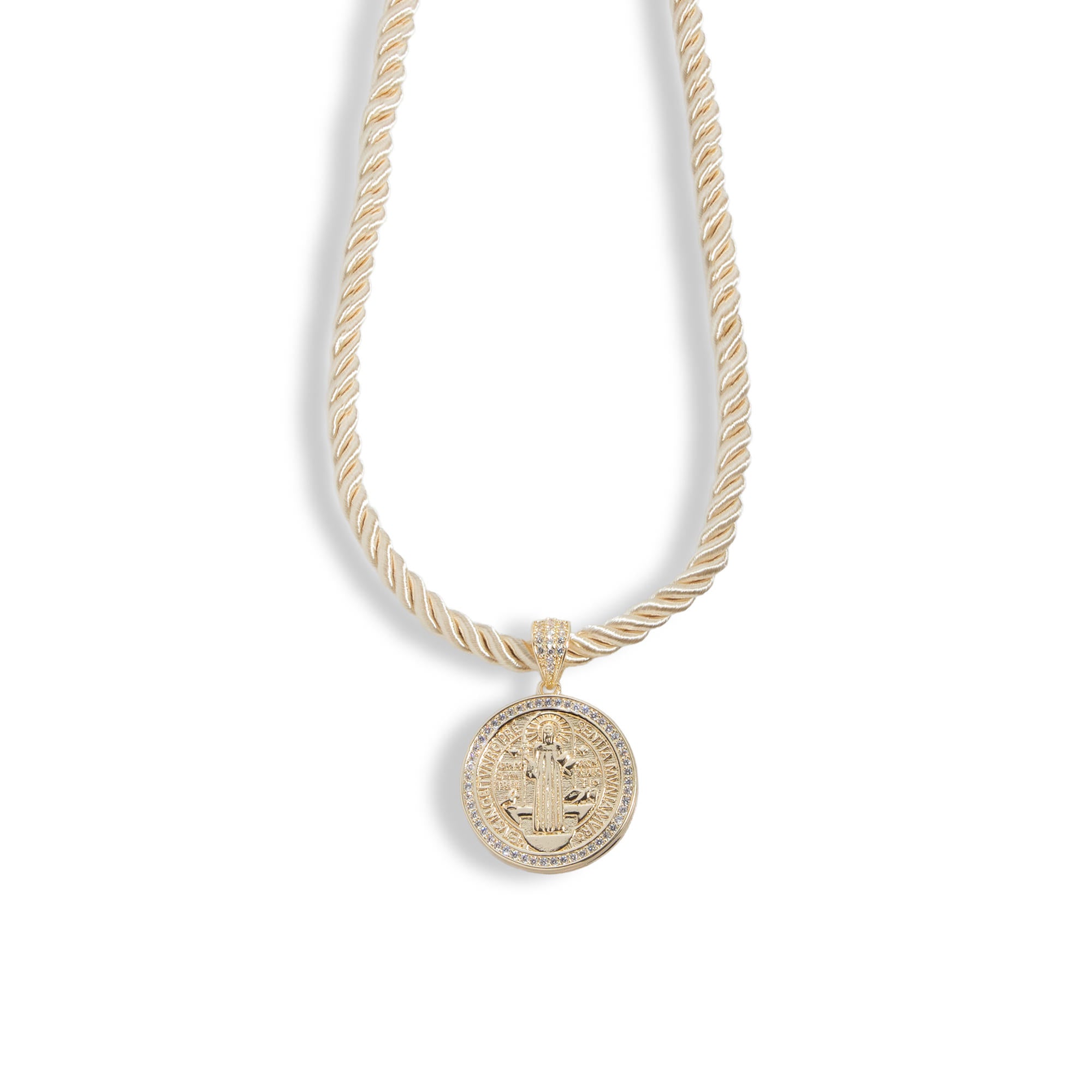 Collar cordon torzal beige Medalla doble cara San Benito y circonias en pave 45+5cm