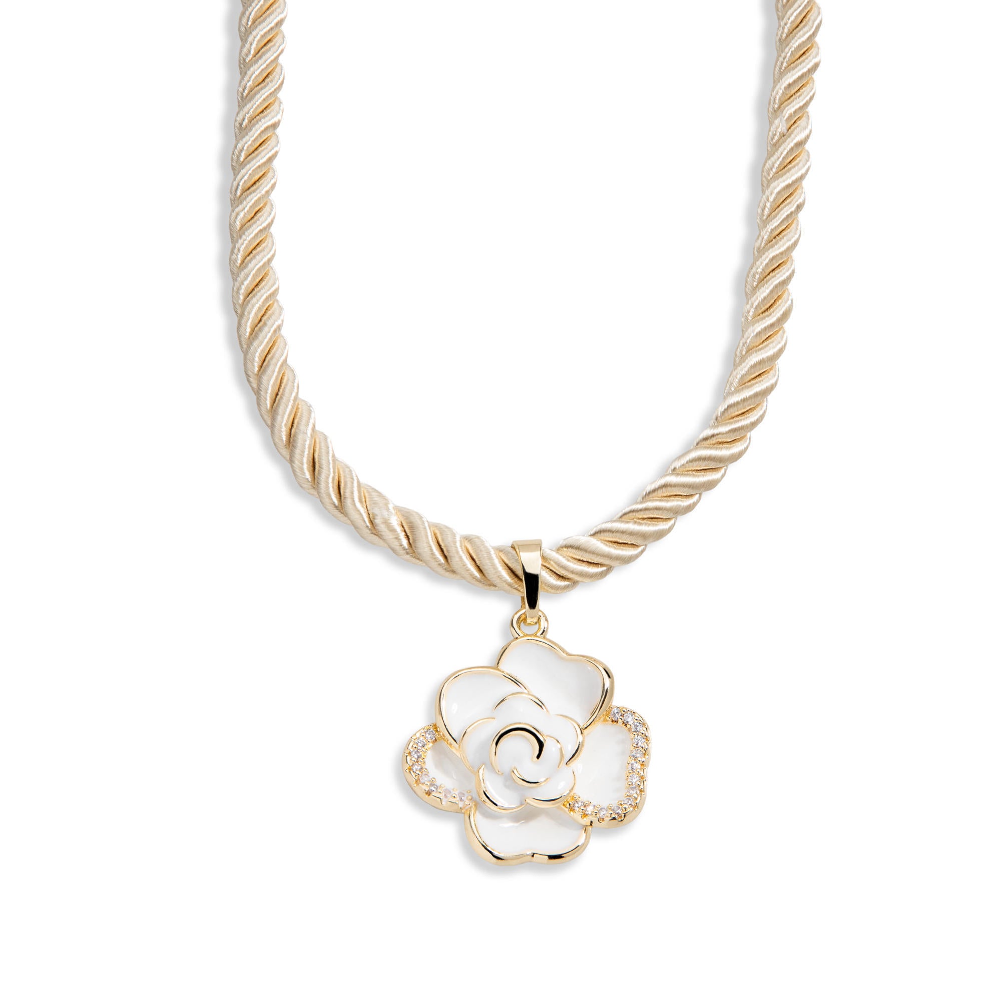 Collar cordon torzal beige con rosa de madre perla y circonias 45+5cm
