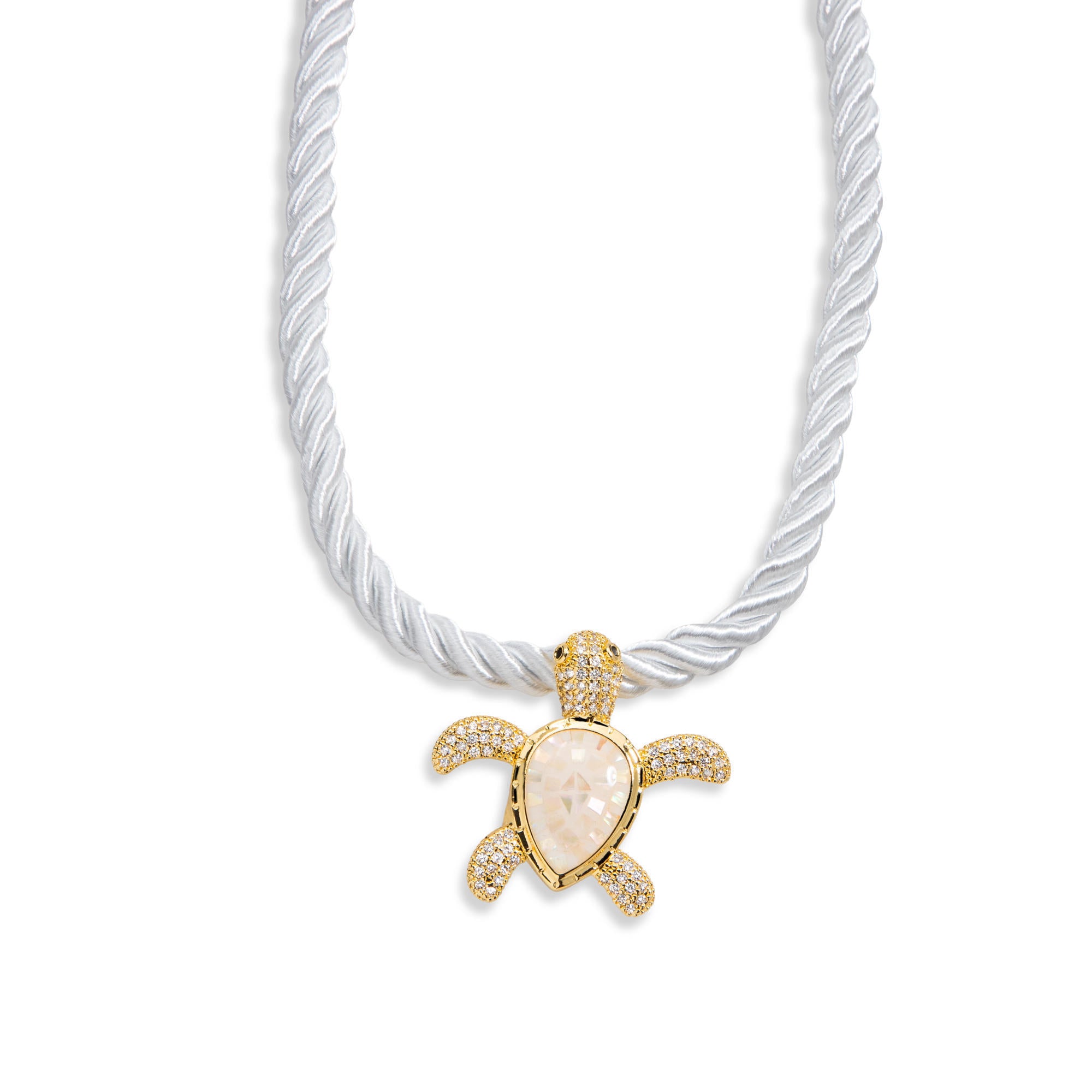 Collar cordon torzal blanco con tortuga de madre perla con circonias 45+5cm