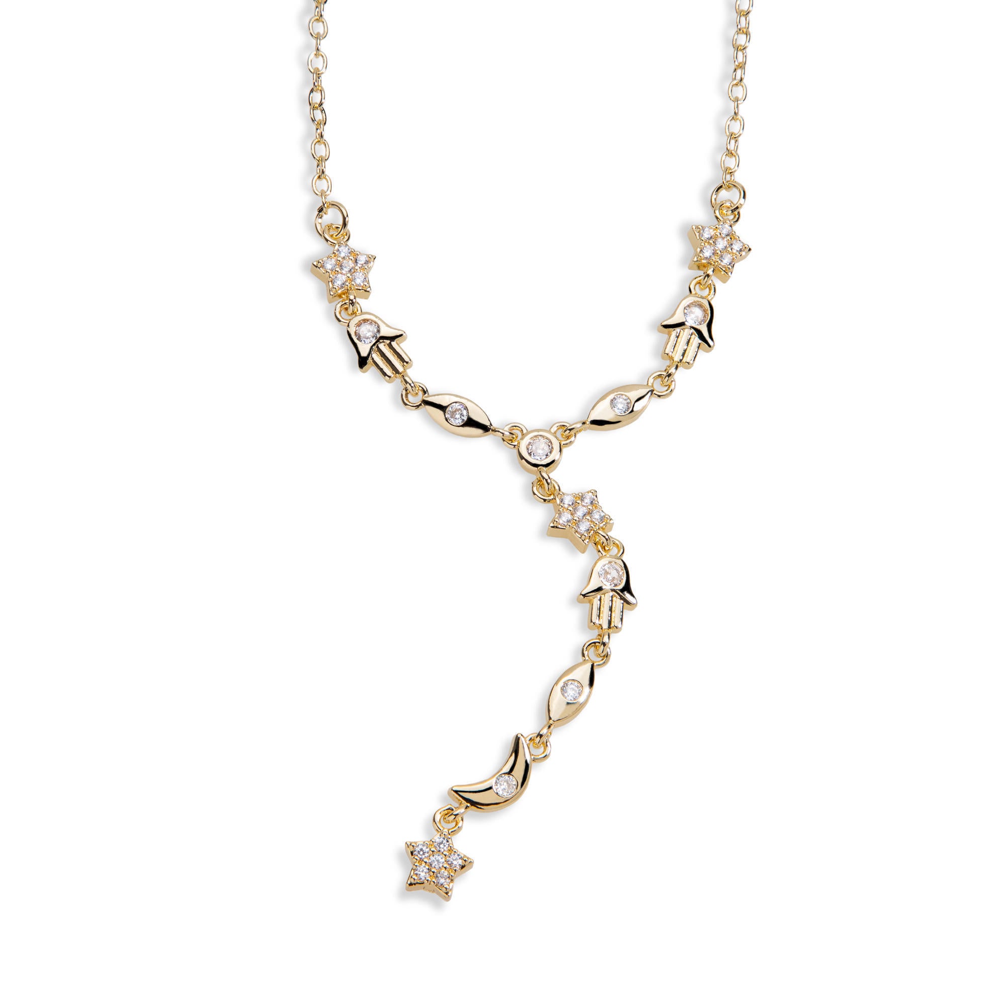 Corbatin fijo con amuletos de mano de fatima ojo estrellas y luna 45+5cm