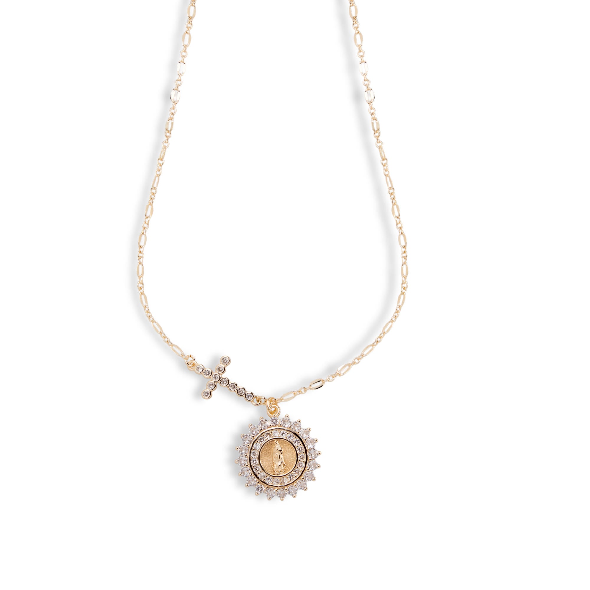 Collar Virgen de Guadalupe y Cruz con circonias 44-48cm