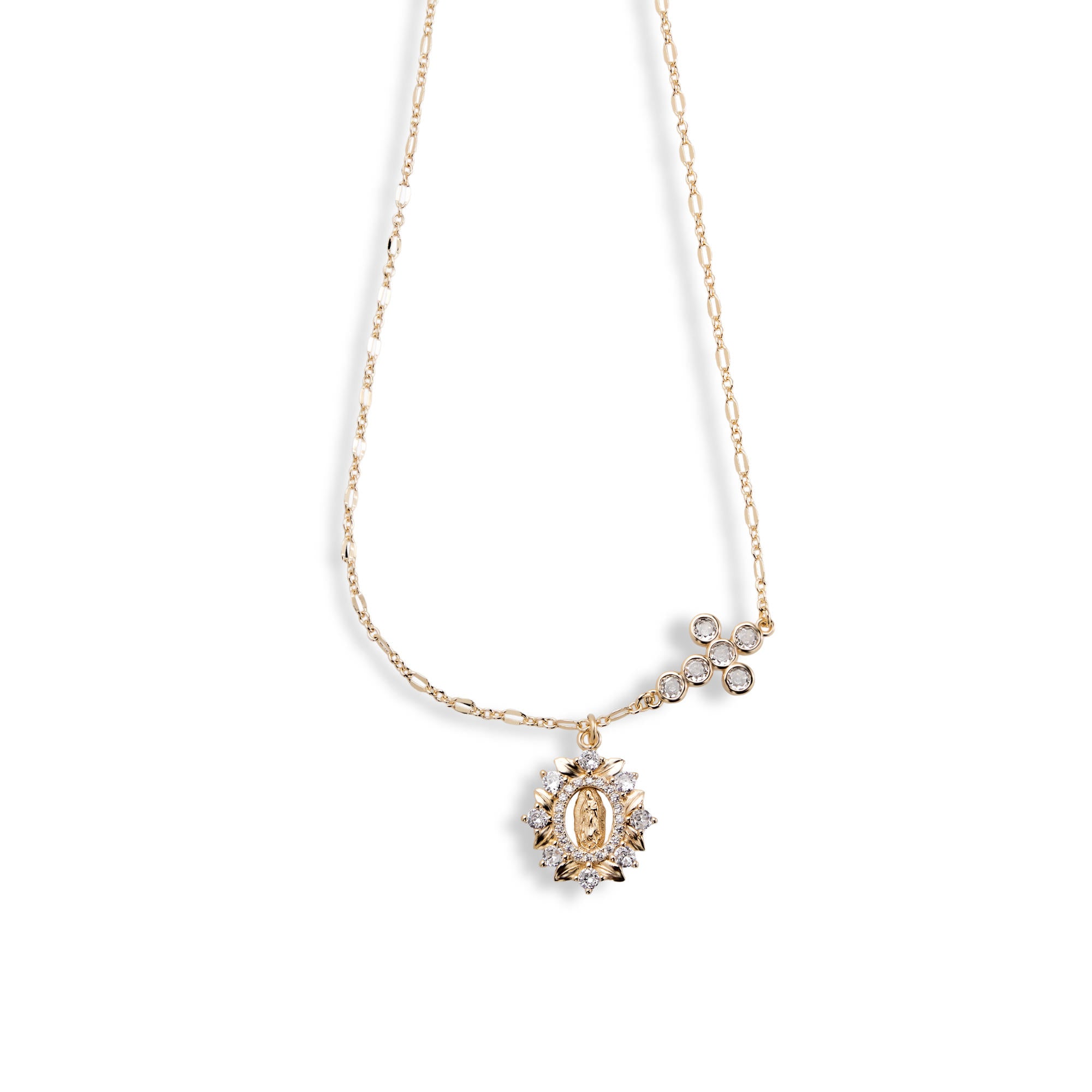 Collar Virgen de Guadalupe con circonias hojas y Cruz biselada 44-48cm