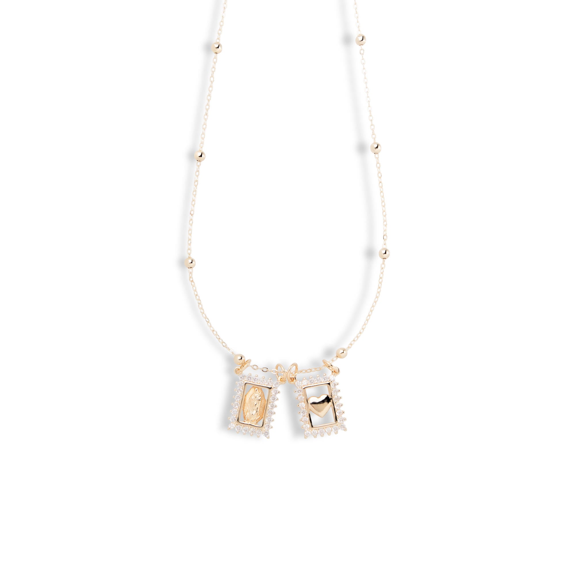 Collar con balines dijes plaquitas cuadradas Virgen de Guadalupe y corazon circonias 44-48cm