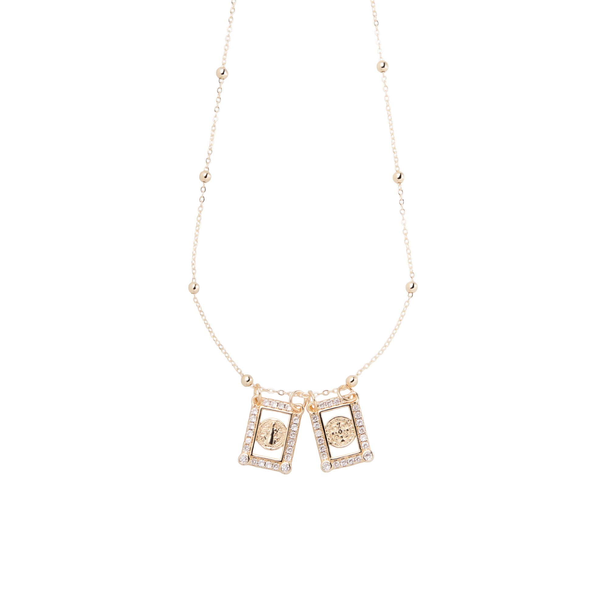Collar con balines dijes plaquitas cuadradas San Benito circonias 44-48cm