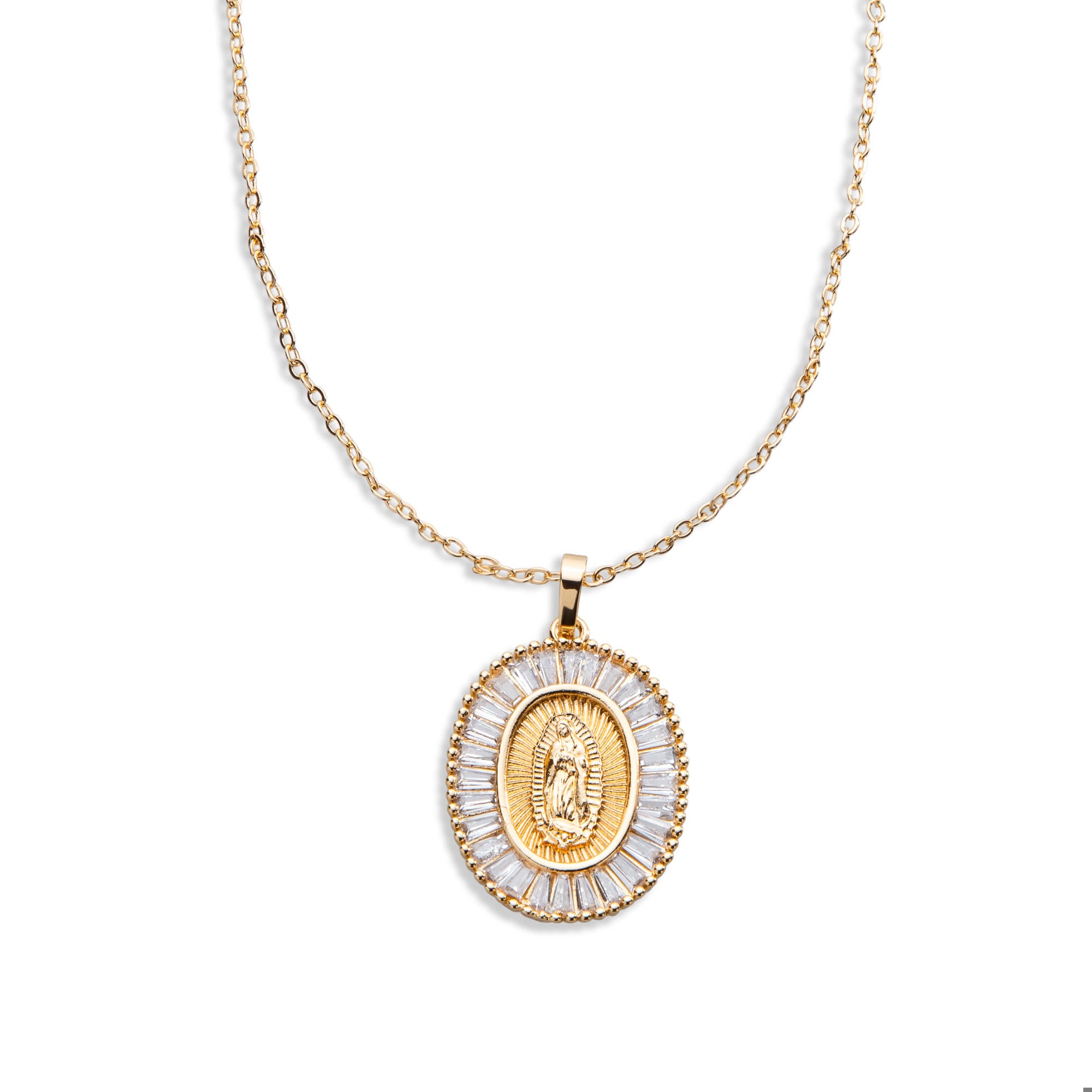 Collar dije ovalado Virgen de Guadalupe con circonias baguete 46-51cm