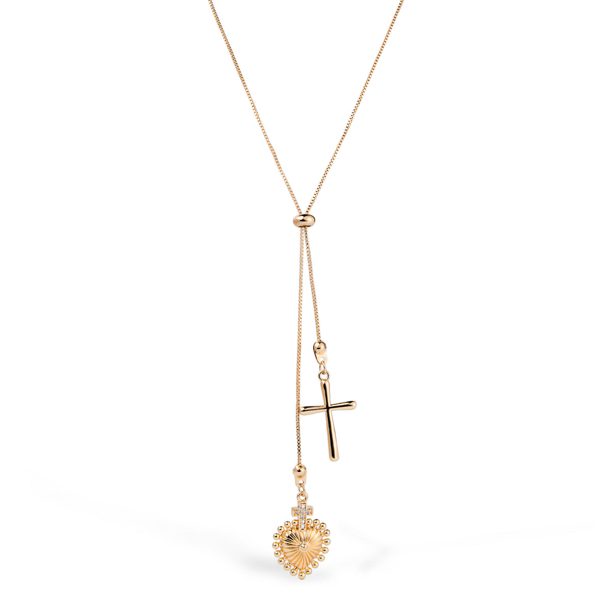 Collar ajustable con Cruz lisa y Sagrado Corazon con circonias 30mm