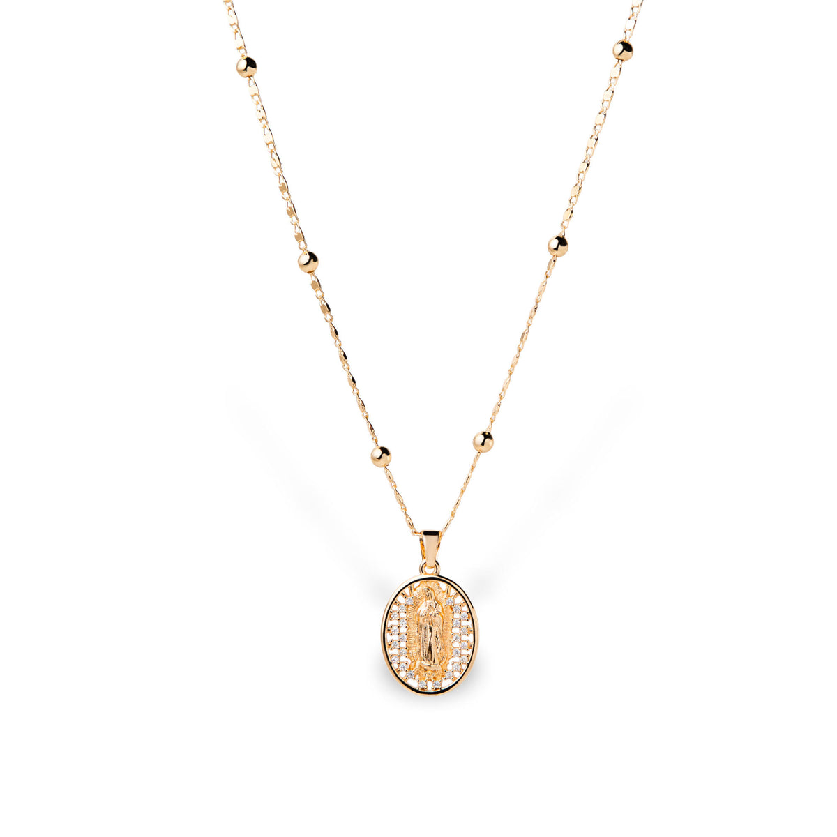 Collar con balines y dije Virgen de Guadalupe con circonias 44-50cm