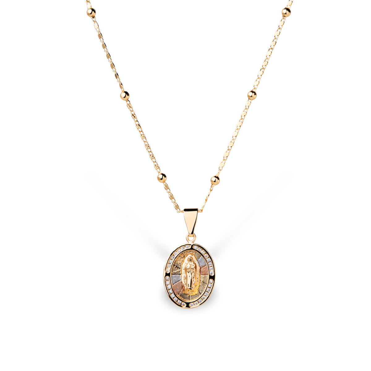 Collar con balines y dije Virgen de Guadalupe biselado con circonias 44-50cm