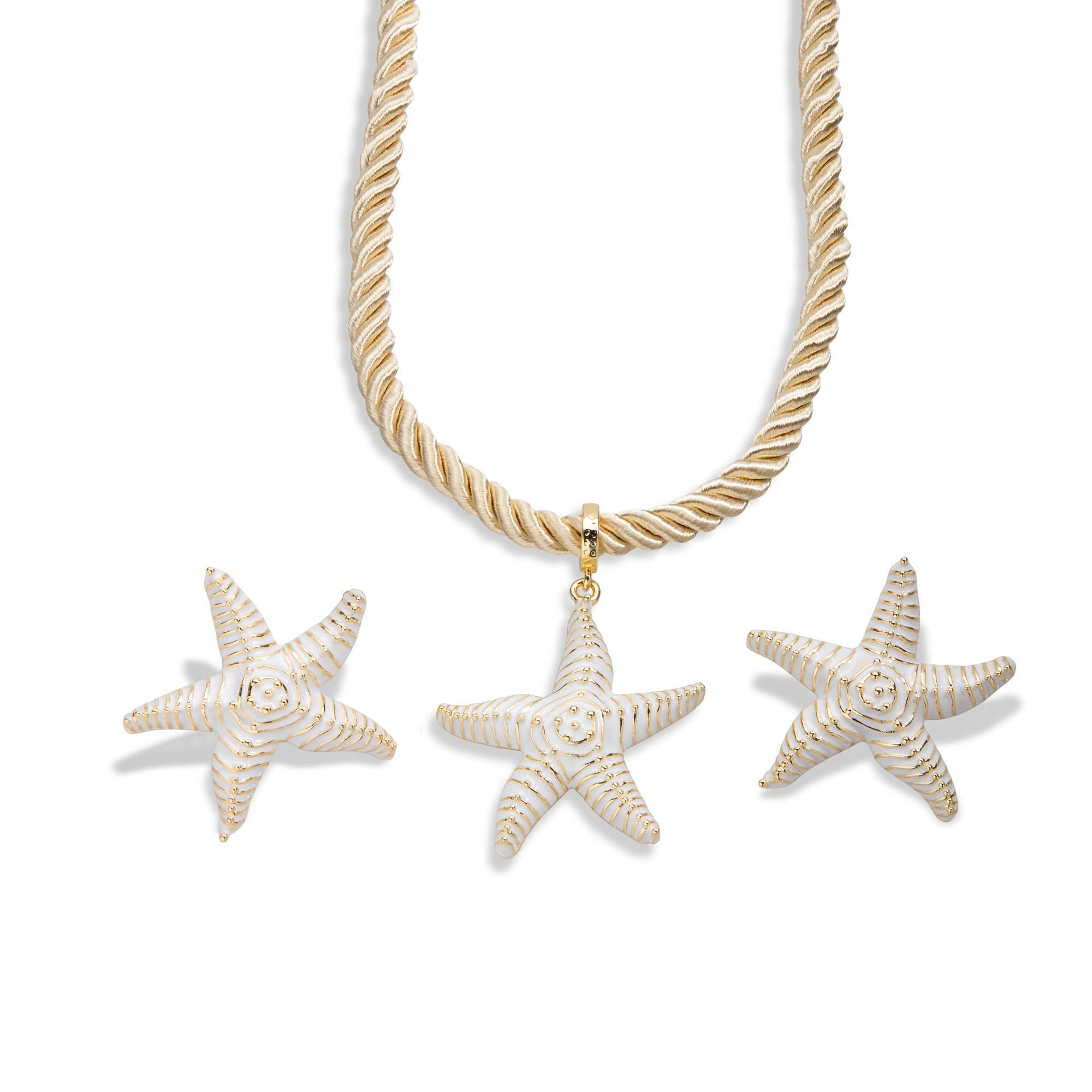 Juego collar cordon torzal beige con estrellas de mar nacaradas 45+5cm