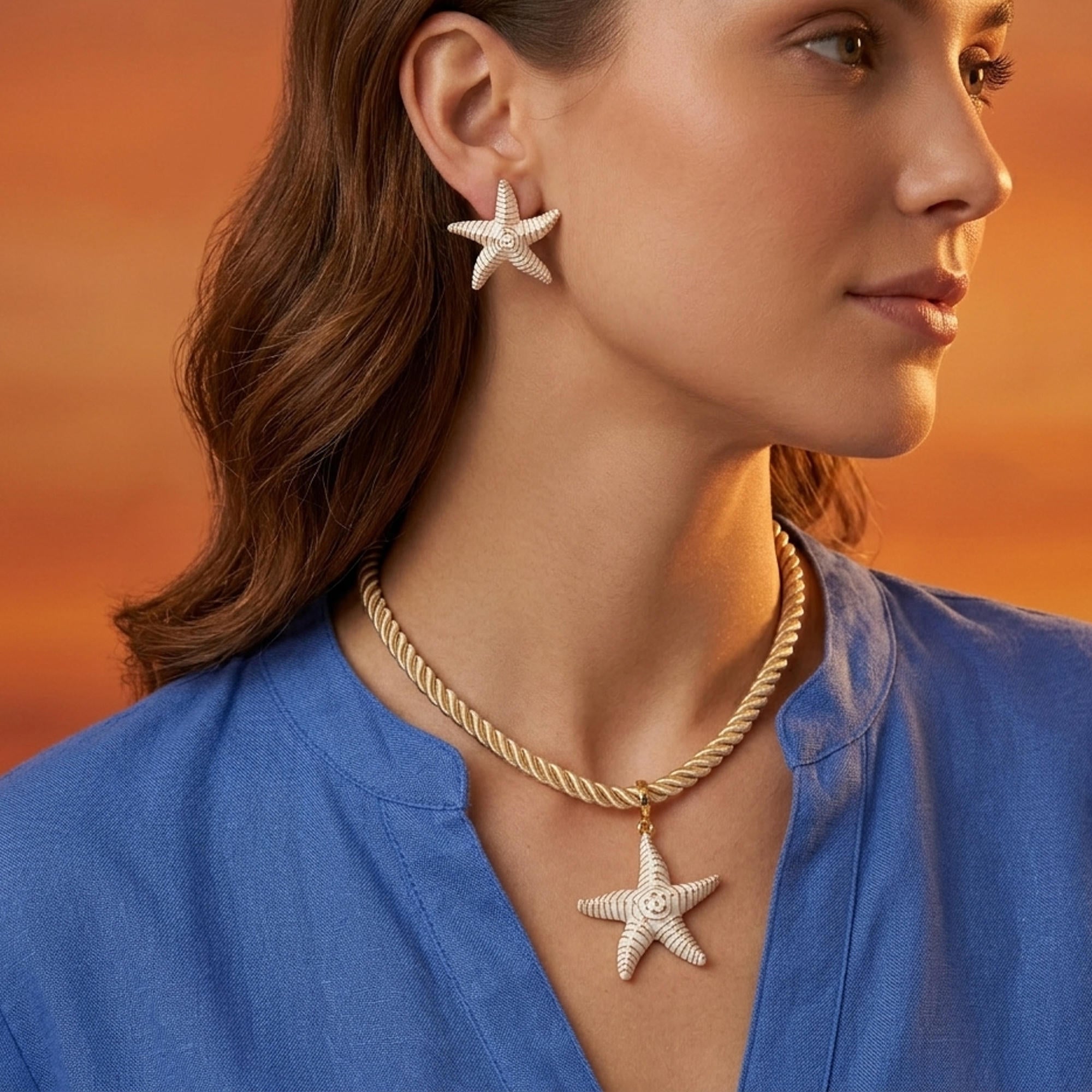 Juego collar cordon torzal beige con estrellas de mar nacaradas 45+5cm