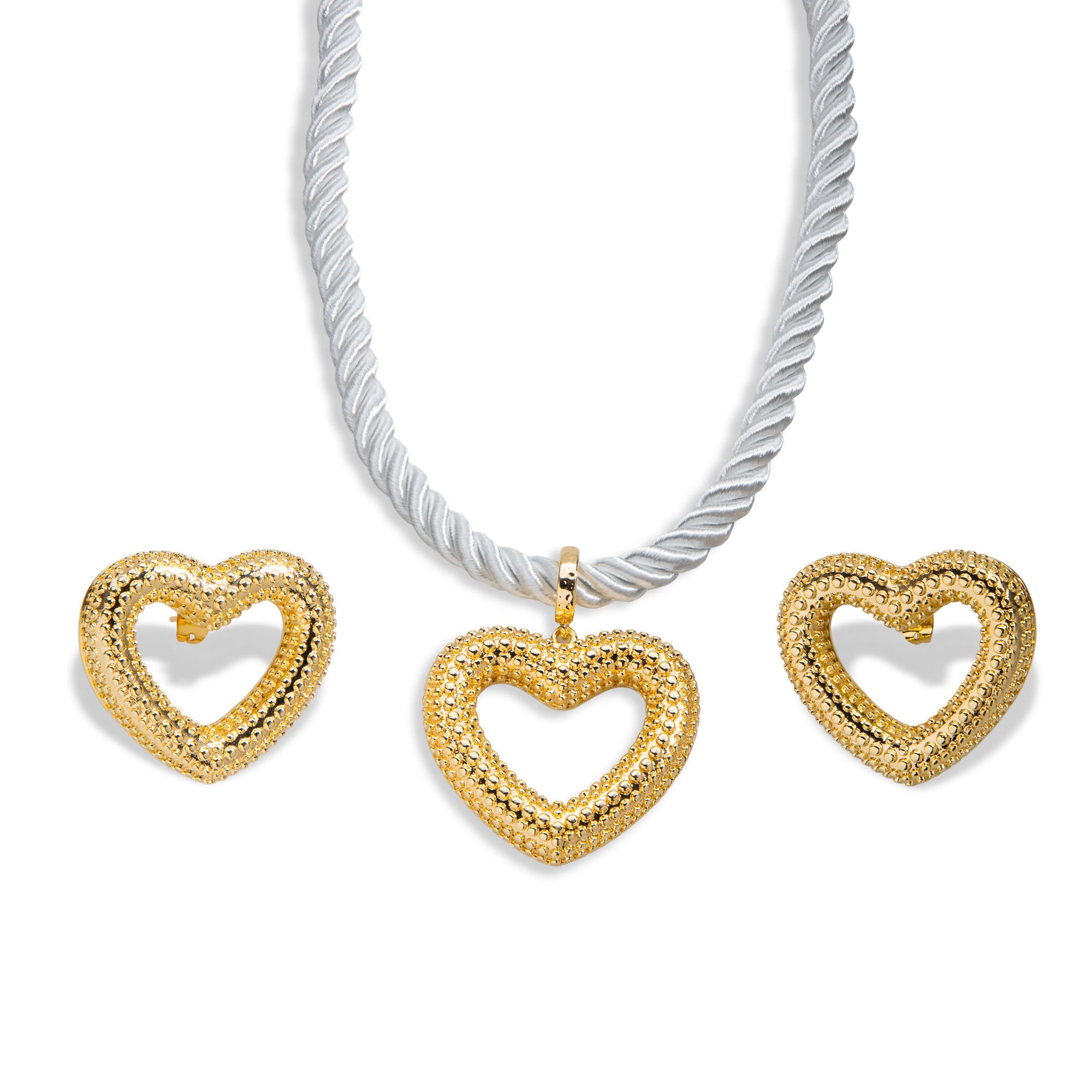 Juego collar cordon torzal blanco con corazones diamantados 45+5cm