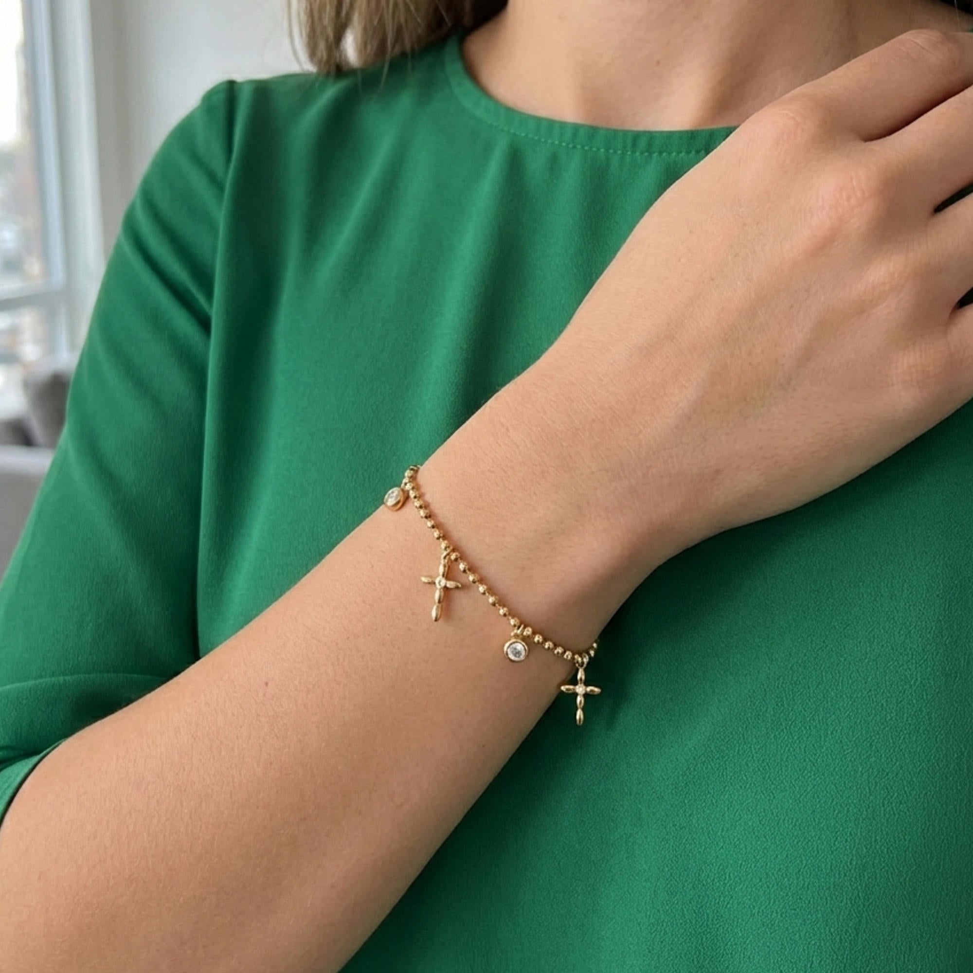 Pulsera de balines con dijes de cruz y circonias 17-22cm