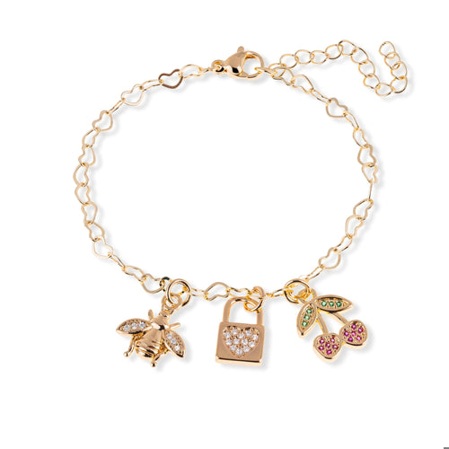 Pulsera corazones dije abeja candado cerezas circonias 16-21cm