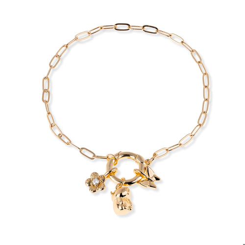 Pulsera dije flor capibara y mariposa con circonia 20cm