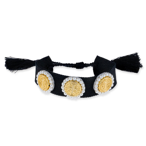 Pulsera ajustable negra tejida con Medalla de San Benito 20mm