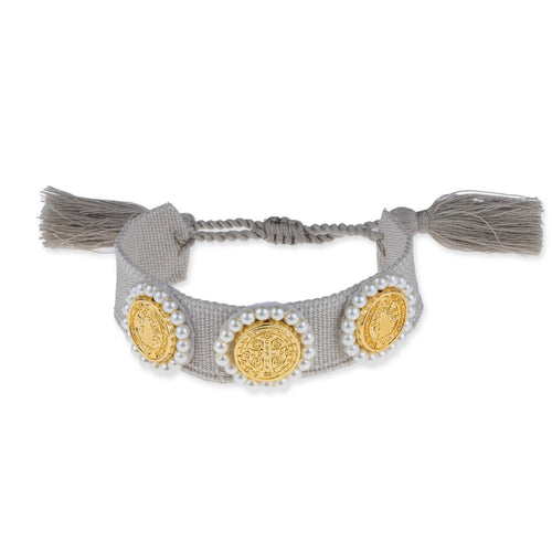 Pulsera ajustable gris tejida con Medalla de San Benito 20mm