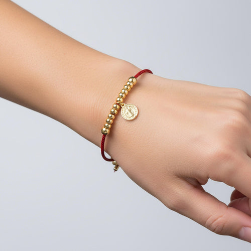 Pulsera de cordon ajustable con cuentas y Medalla de San Benito 24cm