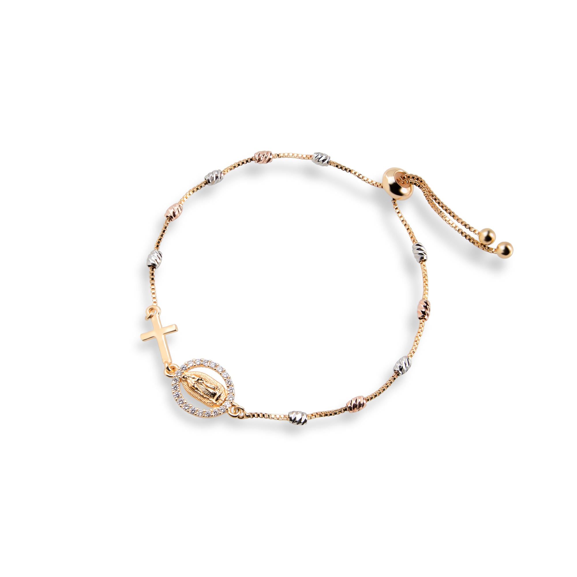 Pulsera ajustable de Cruz y Medalla Virgen de Guadalupe con circonias 26cm