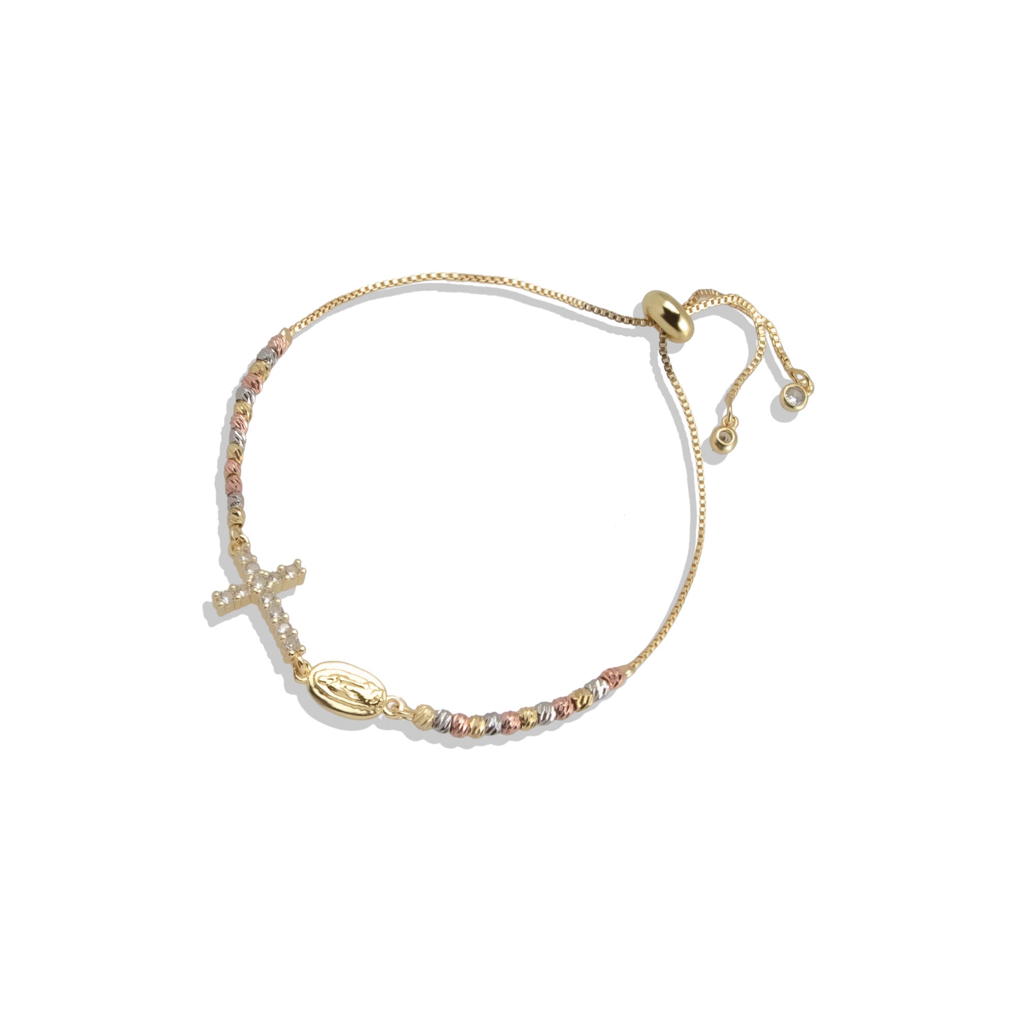 Pulsera de tenis ajustable Virgen de Guadalupe y Cruz circonias 35mm