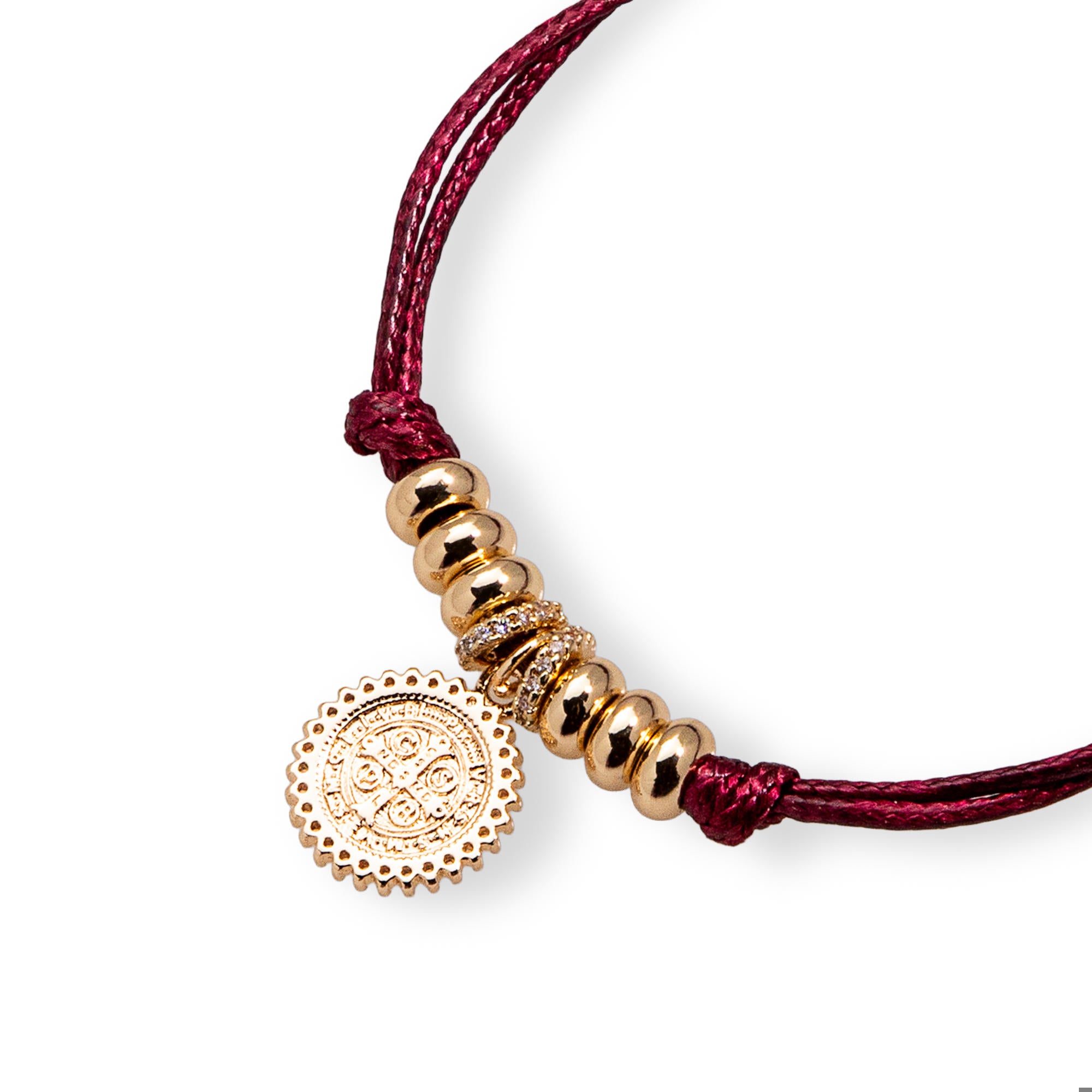 Pulsera de hilo ajustable encerado Medalla de San Benito con circonias 13mm