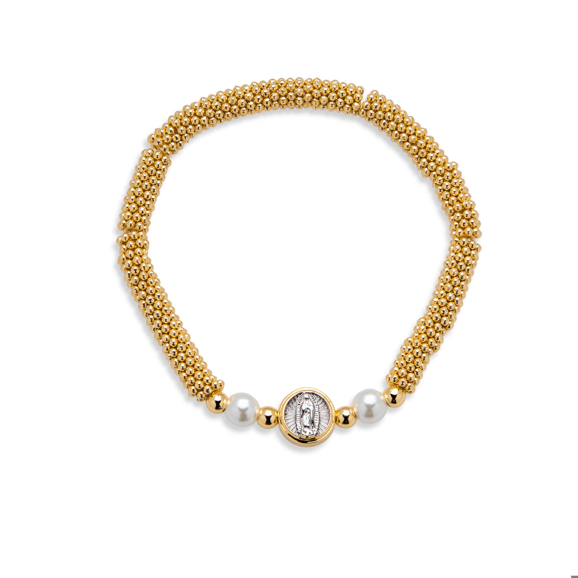 Pulsera elastica ajustable con Medalla de la Virgen de Guadalupe perlas y balines 6 mm