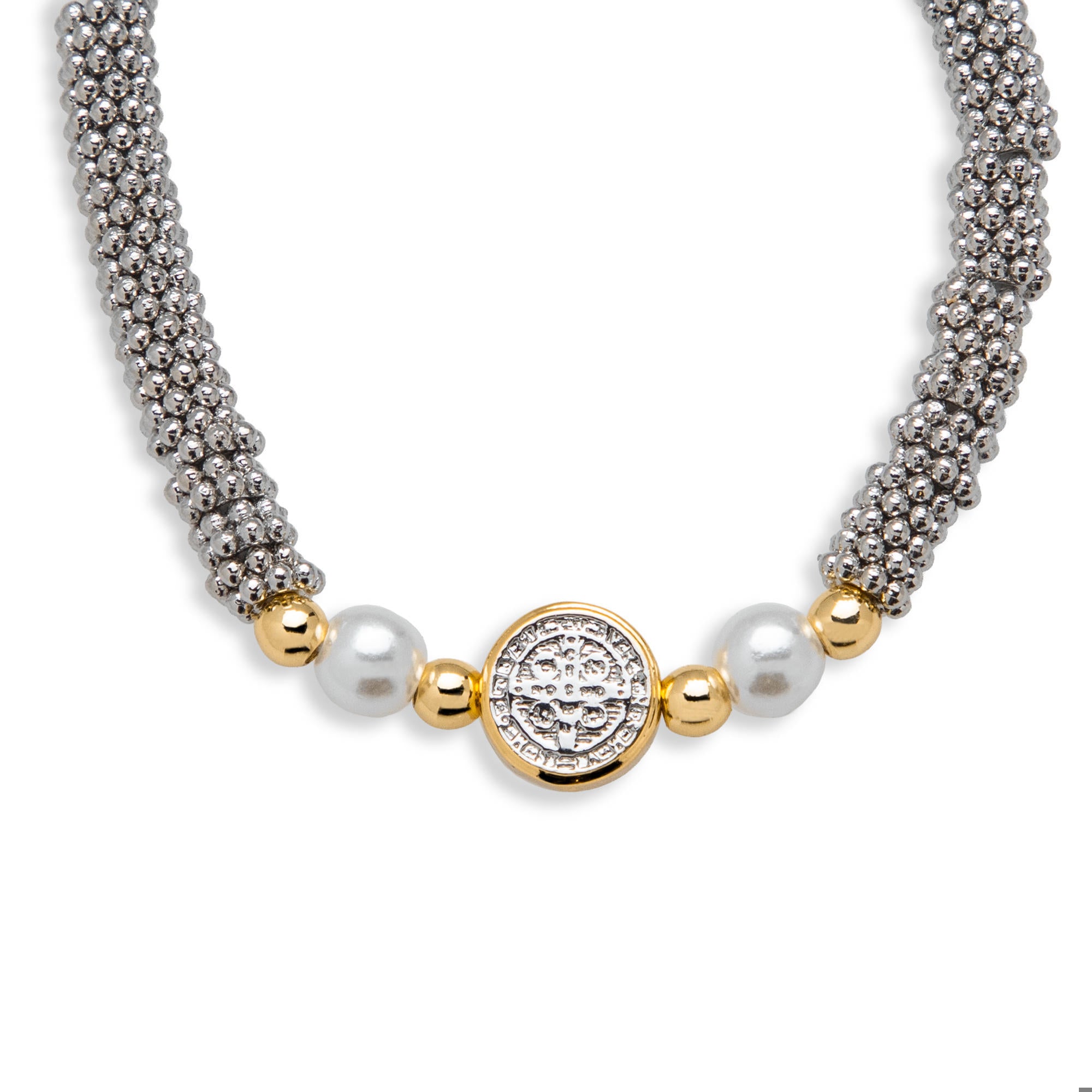 Pulsera elastica ajustable con Medalla de San Benito perlas y balines 6 mm