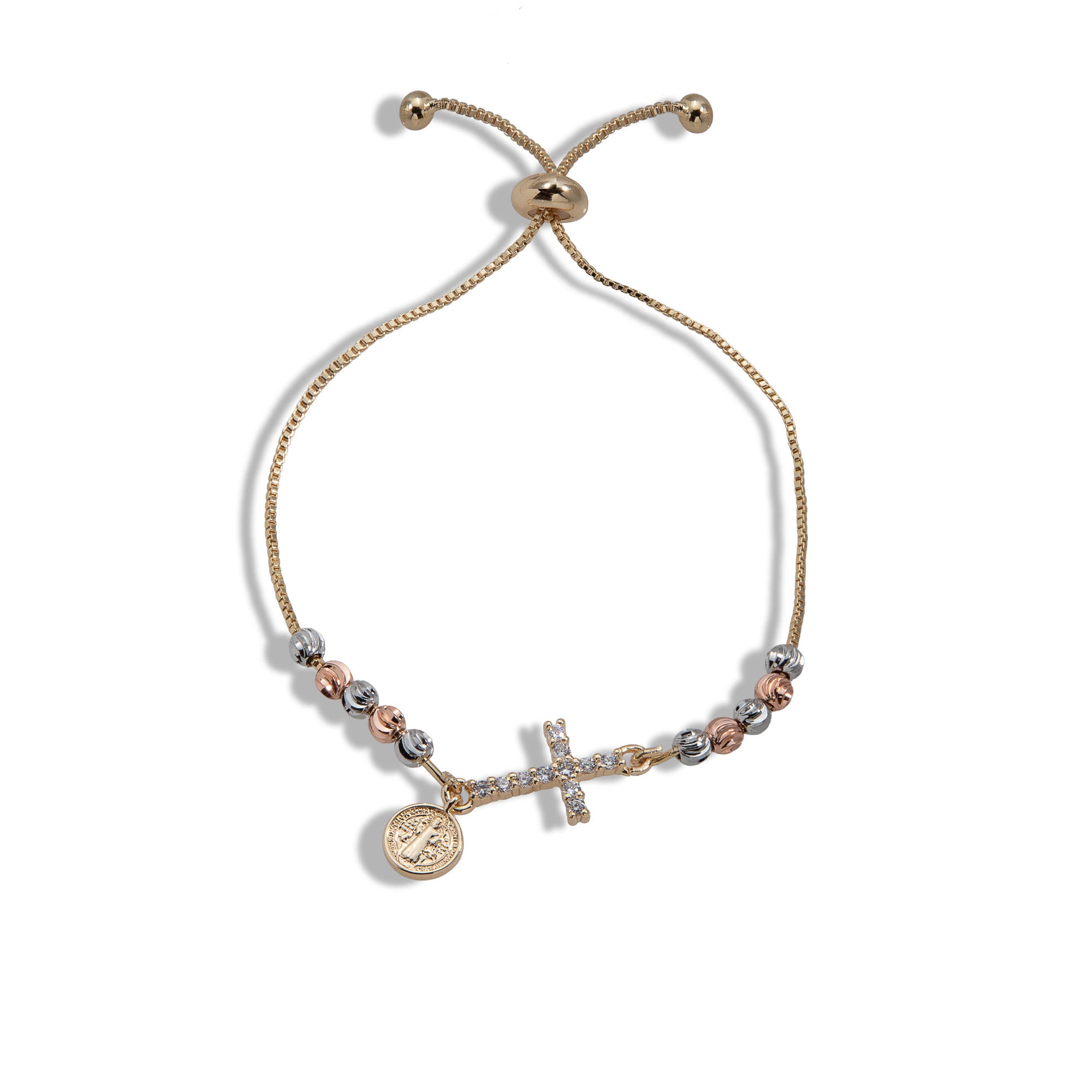 Pulsera ajustable con balines Cruz de circonia y Medalla de San Benito 20mm